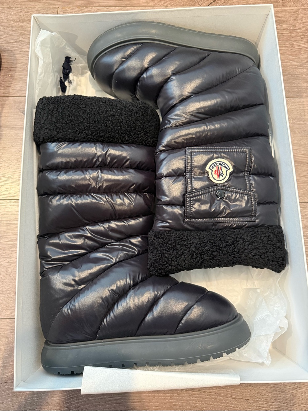 Moncler Black Quilted Puff Boots with Shearling Cuff